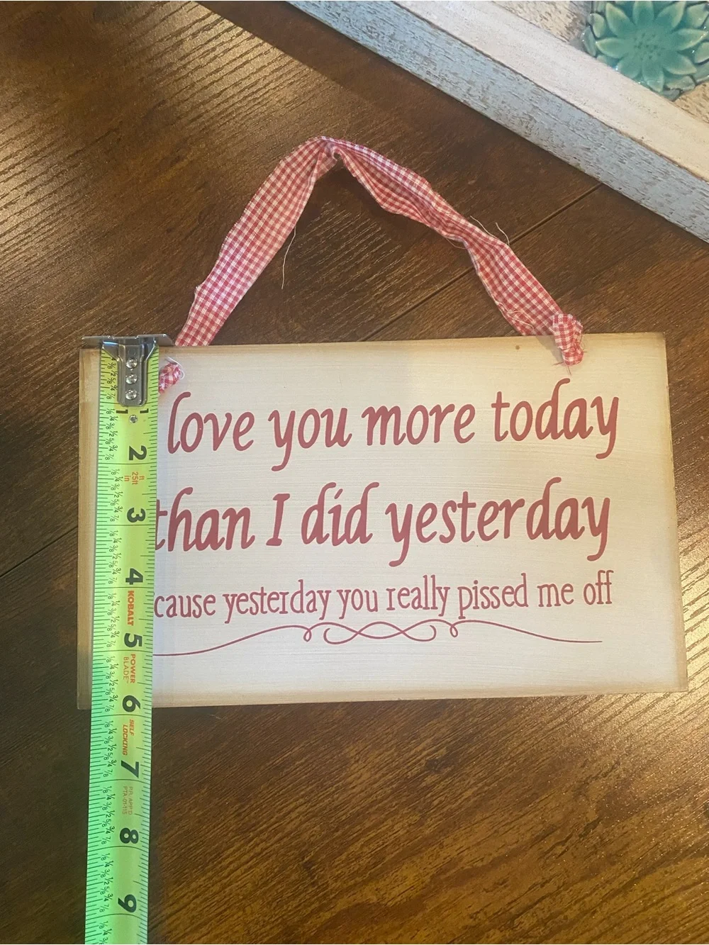 Humorous Pink Script Hanging Wall Sign - I Love You More Today